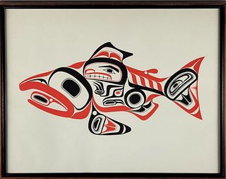 Vintage Northwest Coast Inuit Serigraph Salmon Fish Totem Print