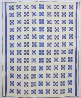 Vintage 9-Patch Blue and White Quilt, circa 1930s