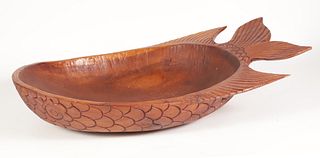 Contemporary Carved Wood Fish Form Center Piece Serving Bowl