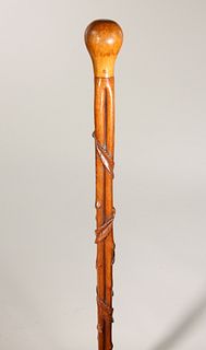 Antique Carved Wood Knob and Multi-Branch Leaf Shaft Walking Stick, 19th Century