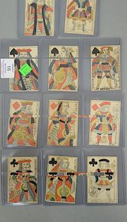 Early French playing cards, set of twelve with Kings, Queens, and Jacks, each named David, Pallas, Hogier, Cezar, Rachil, Hec