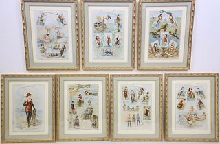 Group of Seven Framed Bathing Beauty Chromolithograph Cards, circa 1890