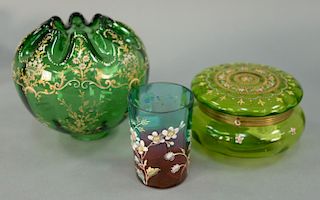 Three enameled glass pieces to include Fenton glass with enameled flowers, enameled green glass box (Possibly Moser), and an 