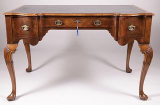 Queen Anne Style Walnut Writing Table with Tooled Leather Top, 20th Century