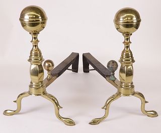 Pair of Period Boston Ball Top Andirons, 19th Century