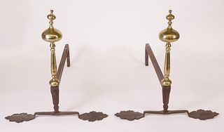 Pair of Unusual Brass and Iron Andirons, 19th Century