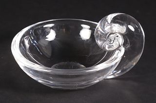 Signed Steuben Clear Glass Olive Bowl with Applied Snail Handle