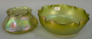 Two large art glass bowls with ruffled rims, Loetz or Kralik. ht. 4in., dia. 11 1/2in. and ht. 4 1/4in., dia. 5 3/4in.