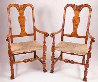 Pair of William and Mary Style Tiger Maple Armchairs, late 20th Century