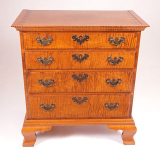 David Lefort Chippendale Style Tiger Maple Dwarf Chest of Drawers, circa 2000