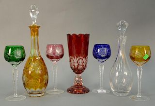 Seven piece crystal group to include a set of four Bleikristall Bavaria colored crystal stems along with two decanters and a 