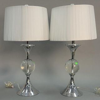 Pair of chrome and glass table lamps, total ht. 30in.