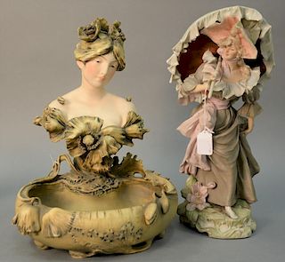 Two porcelain figures including Royal Dux Bohemia figure of a woman with a parasol (ht. 17in.) and an Art Nouveau bust of a g