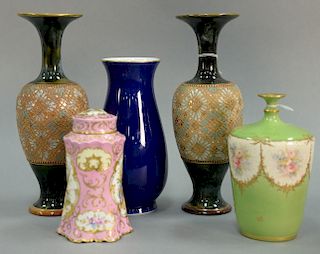 Five porcelain pieces to include Dresden porcelain covered jar (ht. 6in.), Royal Bonn gilt decorated vase, pair of Doulton Sl
