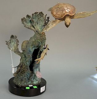 Stewart Wegner bronze sea turtle sculpture "Turtle Reef" 1/75 signed Wegner with Mystic Maritime Gallery label on back, retai