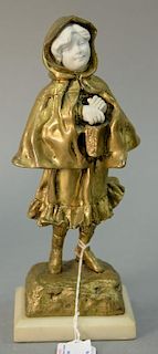 Henri Tremo, French bronze figure of a young girl wearing a cloak and having ceramic face and hands on an alabaster base sign
