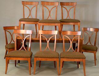 Hickory inlaid dining table and eight chairs, top: 46" x 70", opens to 110"