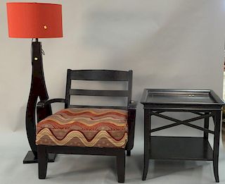 Three piece lot to include armchair, table, and floor lamp. table: ht. 27in., top: 28" x 28"