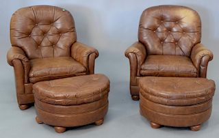 Bradington Young pair of leather upholstered Rockwell 8 way comfort loungers/chairs and ottomans.