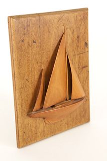 Vintage Carved Cherry Wood Sailing Boat on Plaque