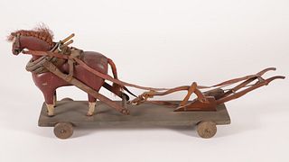 Painted Wood and Leather Horse and Plow Pull Toy, 19th Century