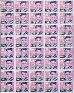 Uncut Sheet of Forty Elvis Presley 29-Cent Stamps, circa 1993