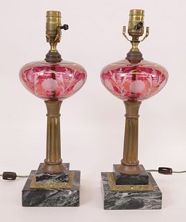 Pair of Etched Ruby Cut to Clear Glass Font Lamps, 19th Century