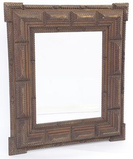 Vintage Tramp Art Carved Wood Frame with Mirror