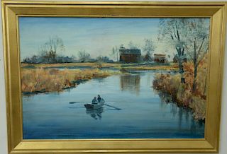 Bill Steeves oil on canvas, rowboat on the pond signed lower right Bill Steeves, 23 1/2" x 35 1/2".