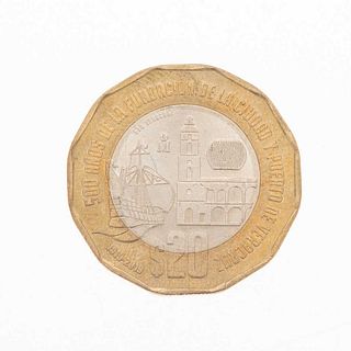 Moneda de 20 pesos, aniversario de la fundación del puerto de Veracruz. Peso: 12.6 g.