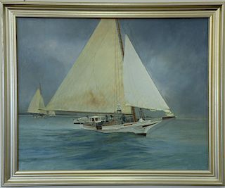 Don Tate oil on canvas "Elsworth" sailing boat, signed lower left Don Tate 1987, Ross Wetzel Studios label on reverse, 31 1/2