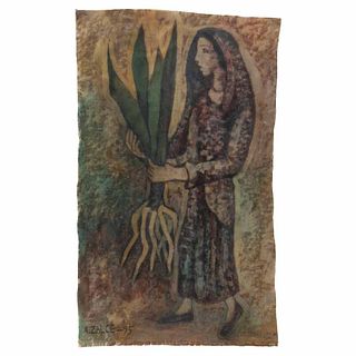 ALFREDO ZALCE, Mujer con planta, Firmado y fechado 95, Teñido batik sobre tela, 70 x 40 cm
