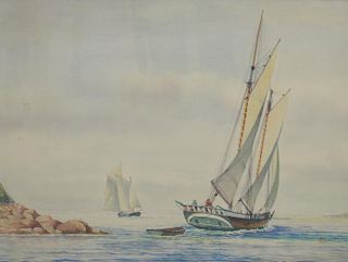 John Leavitt (1905-1974) watercolor Schooner heading out to sea, John & Susan markhead, signed lower right John Leavitt, sigh