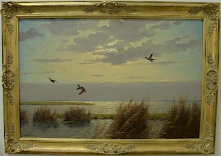 G. Van der Velde (20th century) oil on canvas Ducks Flying over Marsh, signed lower left G.V.D. Velde, 24" x 36".