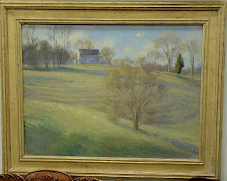 Peggy N. Root (1987) oil on masonite "Lyme House on a hill/sunny fall day", Lyme Academy Gallery label on back exhibition 198