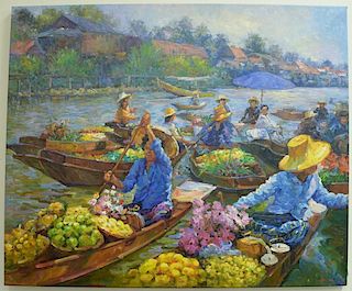 Laemthong Phramphran (21st Century), oil on canvas, French Impressionist painting of market on a canal. 48" x 58"