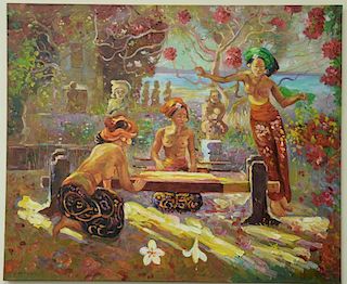 Laemthong Phramphran (21st Century), oil on canvas, French Impressionism painting with three nudes in Asian garden. 48" x 58"