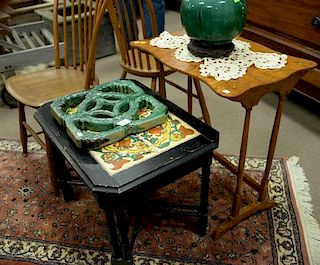 Group lot with primitive tavern table, birdseye maple table, tile top table, and pair of stepdown Windsors, 18th century. ht.