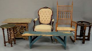 Six piece lot to include carved table, rocker, blue bench (lg. 50in.), two small stands, and Victorian gents chair.