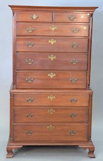 Mahogany chest on chest having two over four drawer top resting on three drawer base. ht. 66in.,wd. 37in.