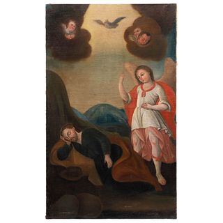 EL SUEÑO DE SAN JOSÉ. MÉXICO, SIGLO XIX. Óleo sobre tela. 145 x 88 cm