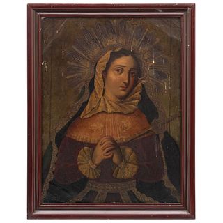 VIRGEN DOLOROSA. MÉXICO, SIGLO XVIII. Óleo sobre lámina de cobre. 55 x 41 cm