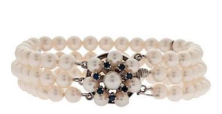 Pearl Three-Row Bracelet in White Gold with Sapphires 