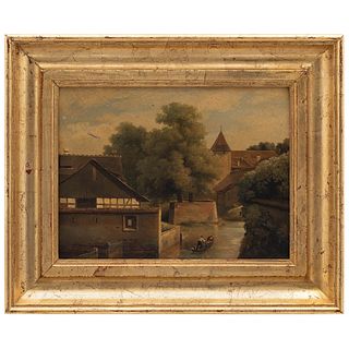 ROBERT LÉOPOLD LEPRINCE. VISTA DE VILLA CON CANAL. Óleo sobre tela. Firmado y fechado "Leopold Leprince 1824". 23 x 30.5 cm
