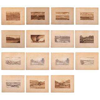 Garay Jiménez, Francisco de. Vistas del Reconocimiento de Tehuantepec en 1871. Dibujos técnica mixta. montados sobre cartón. Piezas: 14