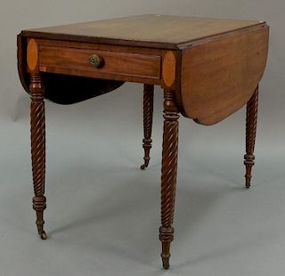 Sheraton mahogany drop leaf table with oval panel inlays, circa 1830. ht. 29 1/2in.