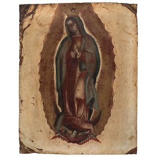 VIRGEN DE GUADALUPE. MÉXICO, SIGLO XIX. Óleo sobre lámina de cobre. 27 x 21 cm.