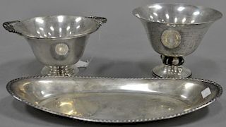 Three sterling silver pieces, two Durham footed bowls, and an oval tray. tray lg. 12in., 18.1 to z.