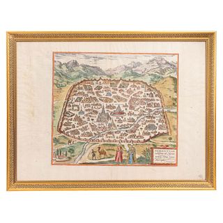 Braun, Georg - Hogenberg, Franz. Damascus Urbs Nobilísima ad Libanum Montem. Colonia, Alemania, 1572. Mapa grabado coloread, 54 x 40 cm