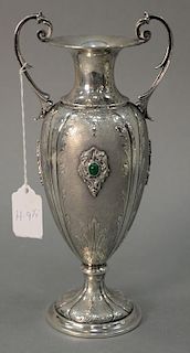 Silverplate, handled urn with stone on each side with footed base. ht. 9 1/4in.